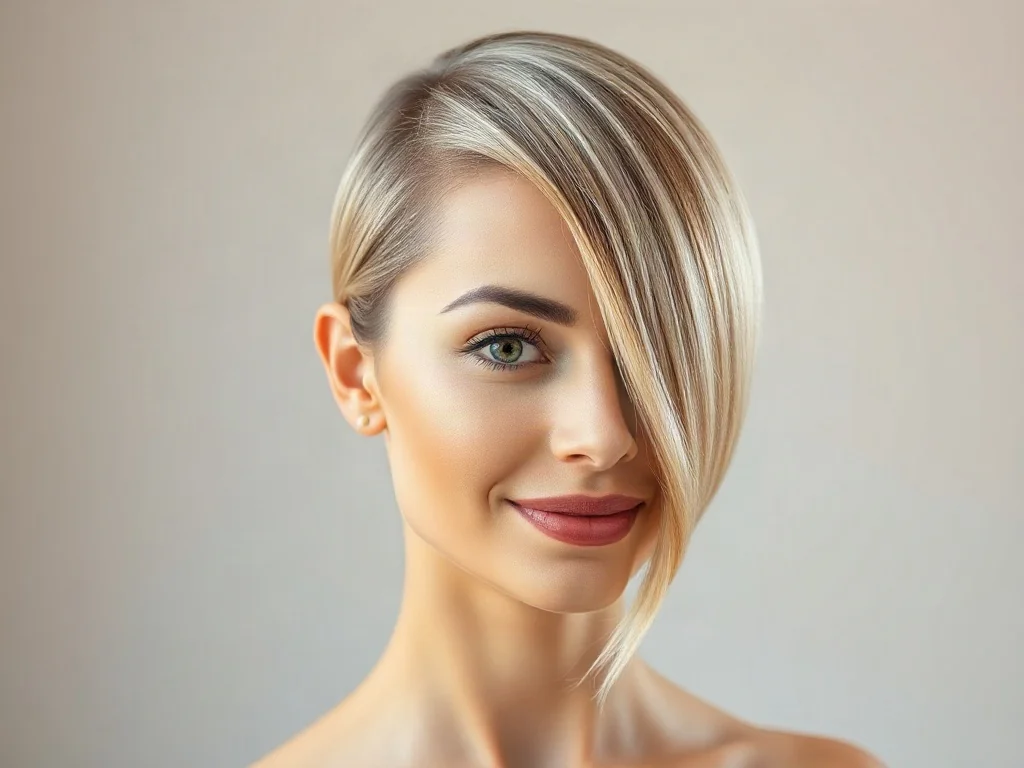 Kobieta z modną fryzurą idealnie dopasowaną do owalnego kształtu twarzy, prezentująca elegancki i nowoczesny styl.
