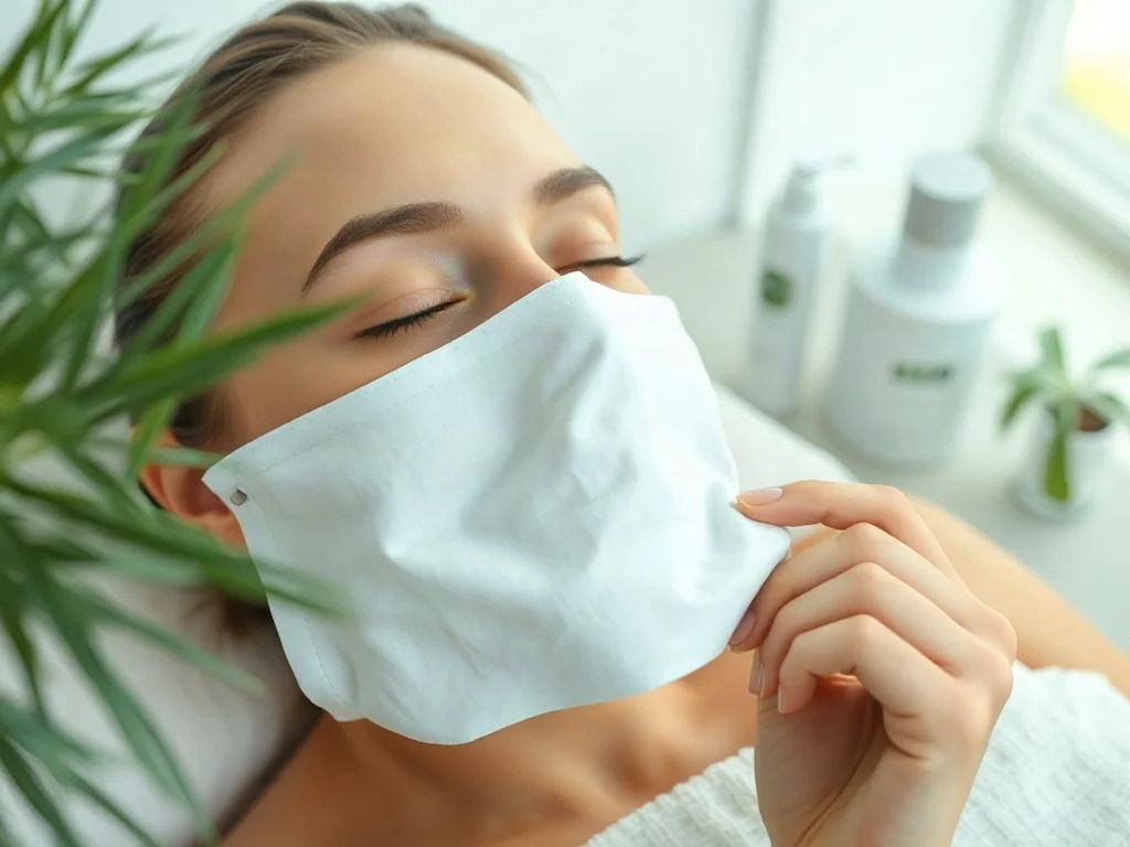 Kobieta w domowym spa trzymająca białą maskę w płachcie, otoczona naturalnymi kosmetykami i roślinami.