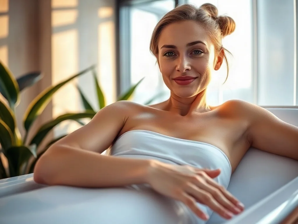 Kobieta relaksująca się w nowoczesnym solarium, podkreślająca znaczenie higieny i profesjonalnego podejścia do opalania.