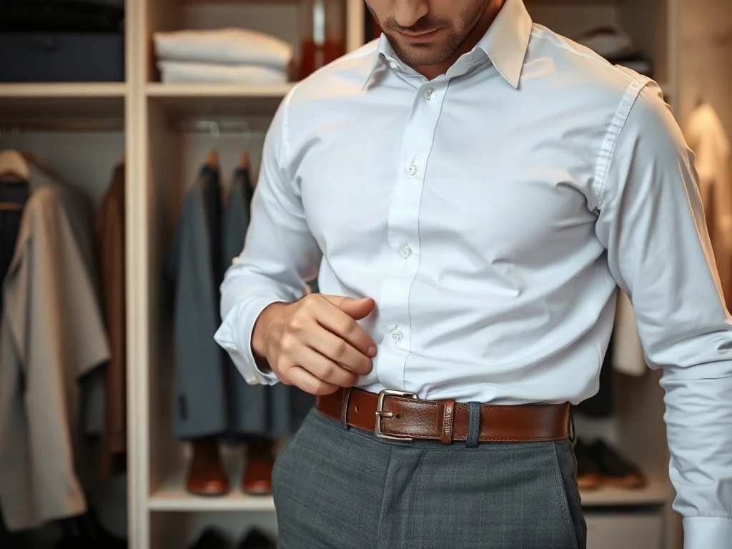 Mężczyzna w eleganckiej koszuli zapina skórzany pasek, prezentując sposób jego dopasowania do spodni.