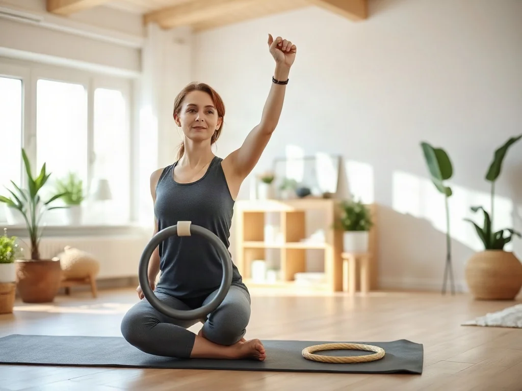Kobieta wykonuje ćwiczenia pilates na macie w jasnym, minimalistycznym salonie, promując aktywność fizyczną w domu.